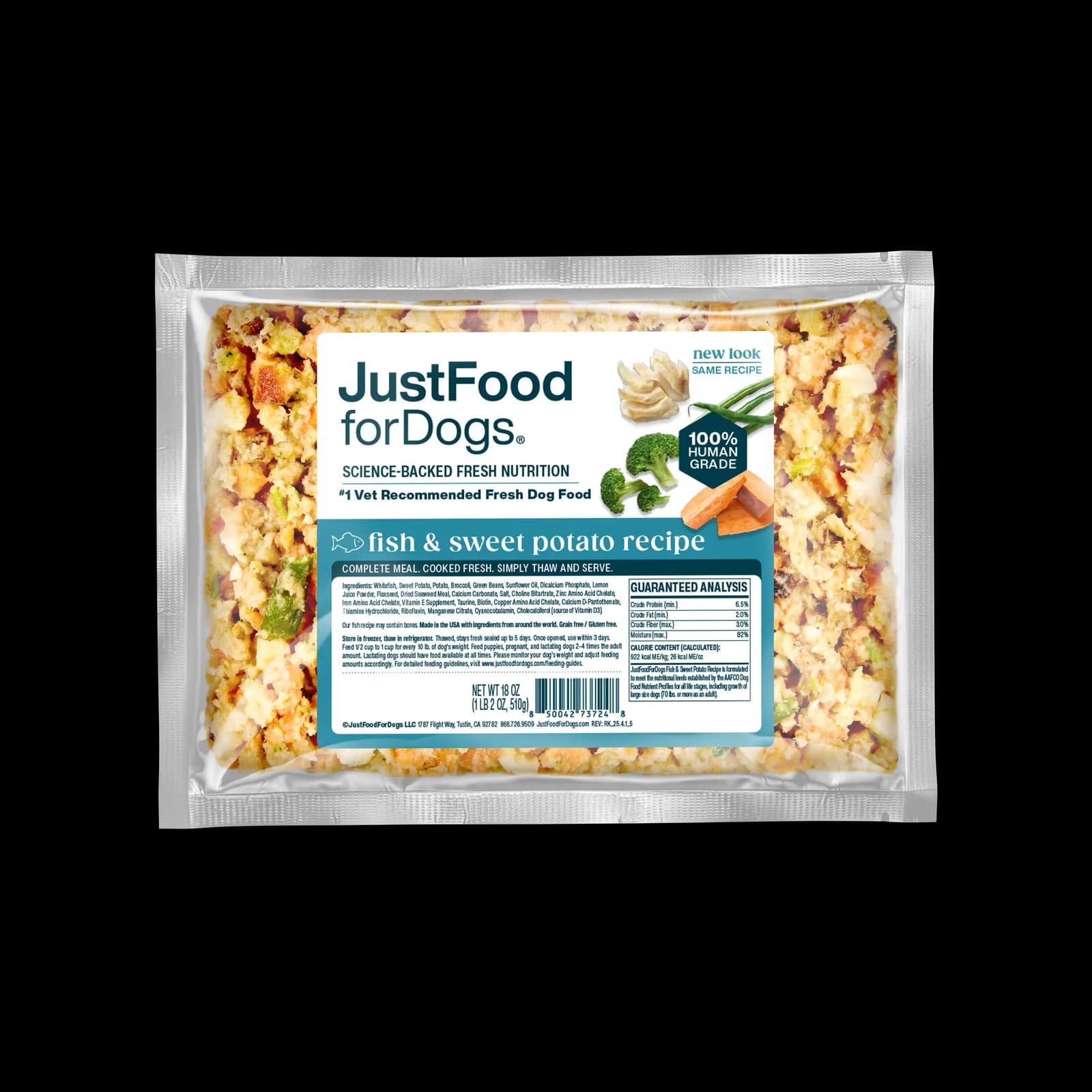 A package of JustFoodForDogs Fish and Sweet Potato Fresh Frozen recipe beside a bowl of the prepared recipe