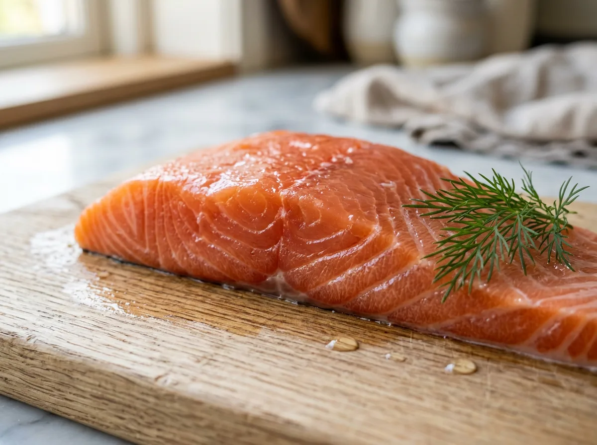 A fresh raw salmon fillet on a wooden cutting board showing its natural oils
