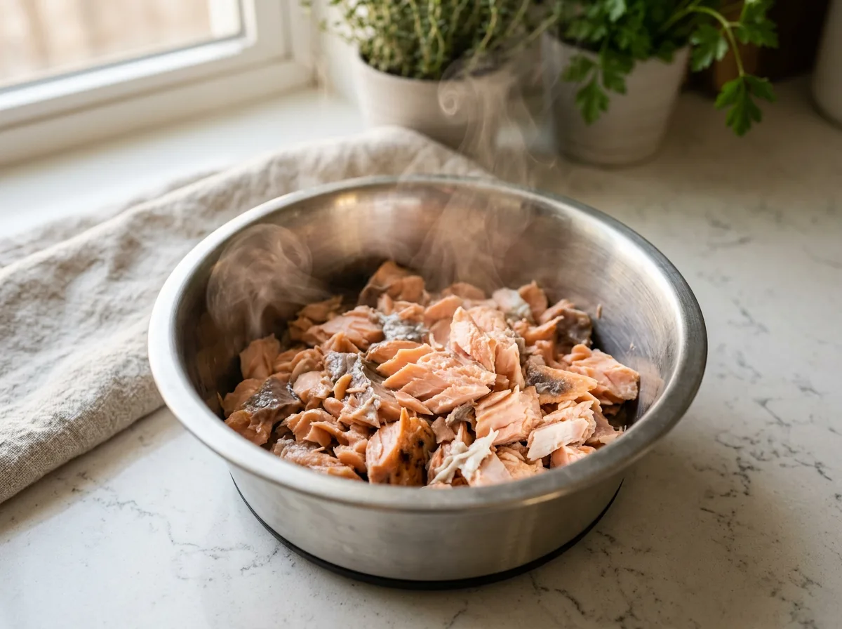 Flaked cooked salmon cooling in a stainless steel dog bowl on a kitchen counter