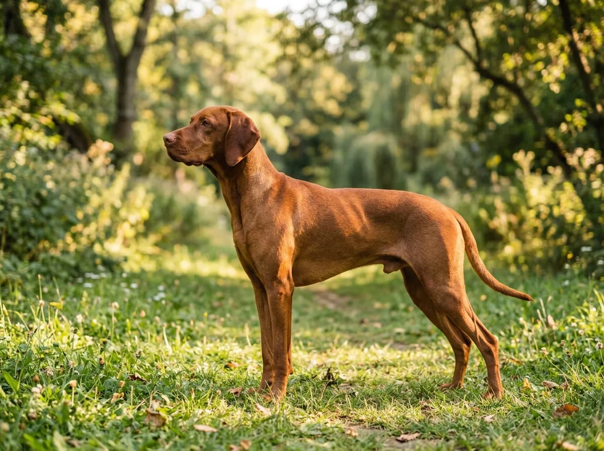 A short-haired brown Vizsla standing outdoors with a healthy, glossy coat