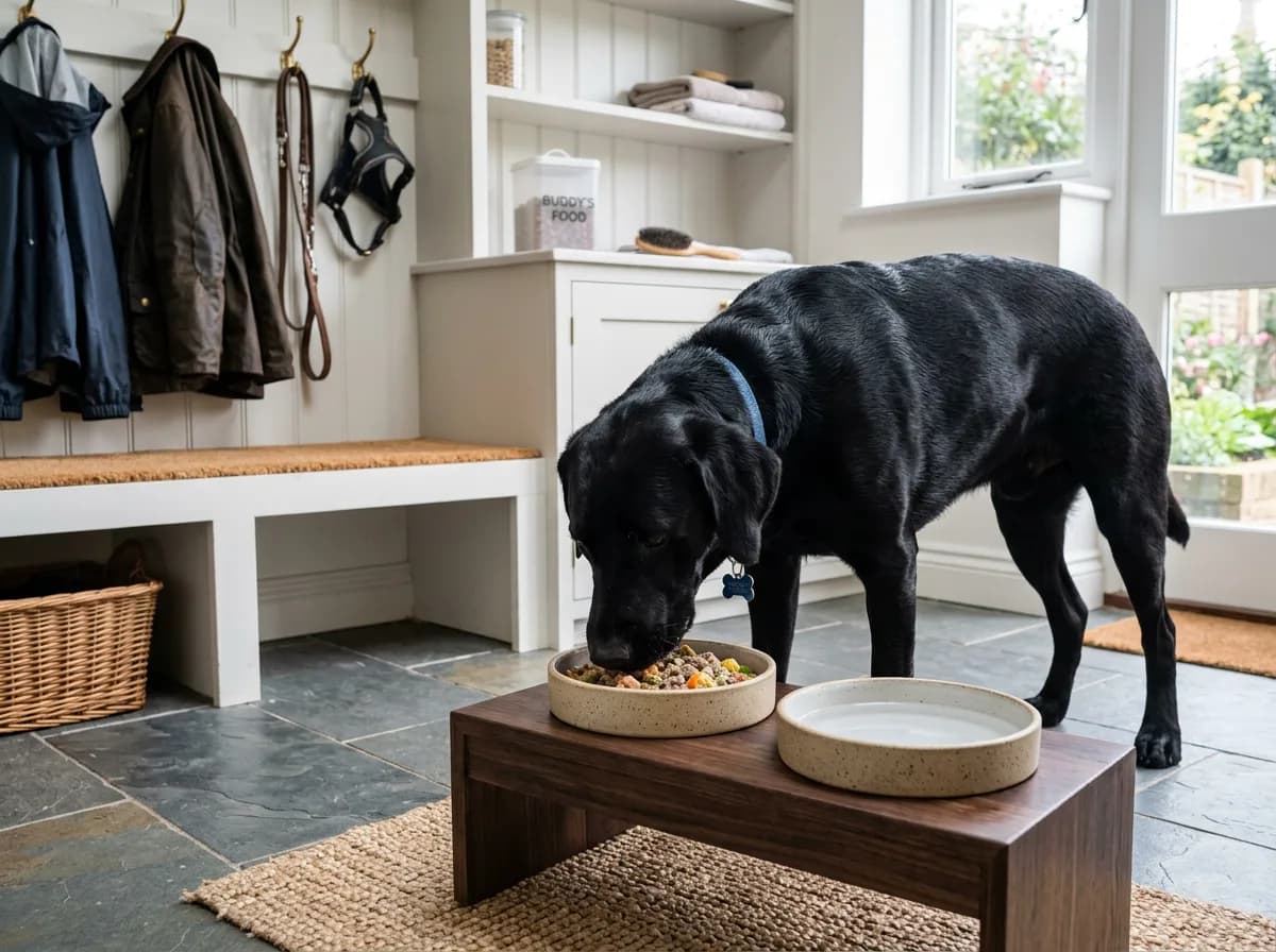 A black Labrador eating fresh dog food from a raised feeder at an indoor feeding station