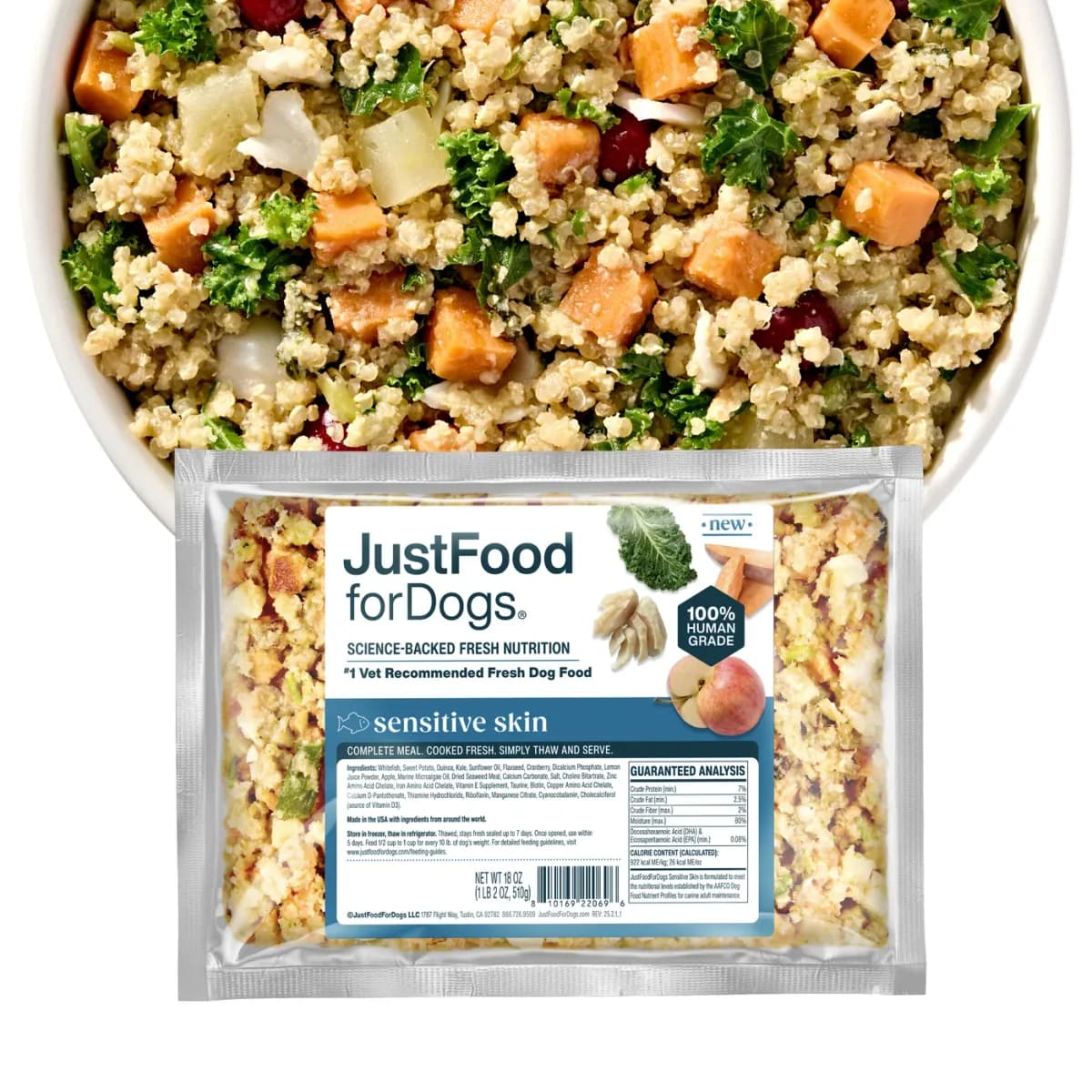 A package of JustFoodForDogs Sensitive Skin fresh dog food recipe made with whitefish
