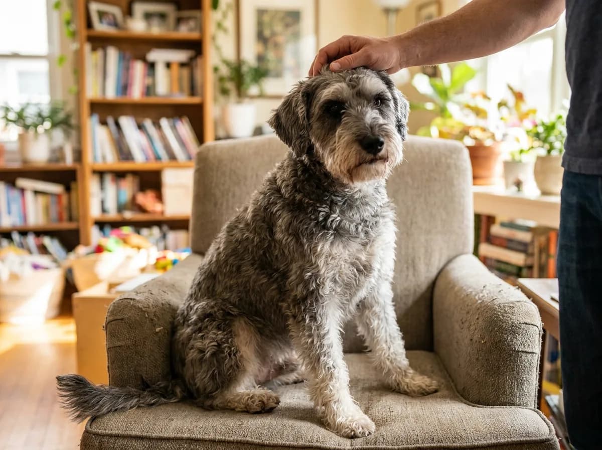 Gray wavy-coated dog sitting in an armchair while a person rests a hand on its head.