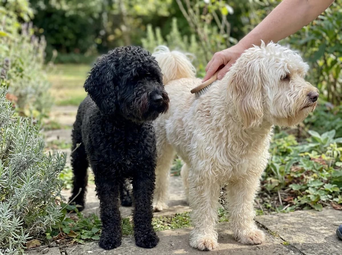 Black curly-coated dog beside a cream wavy-coated dog on a garden path.
