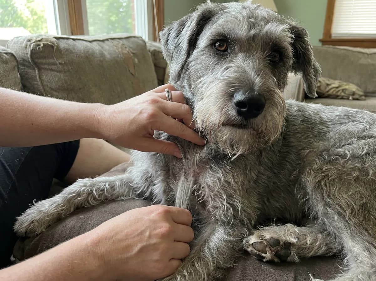 Gray dog lying on a sofa while a person parts the coat near its neck.
