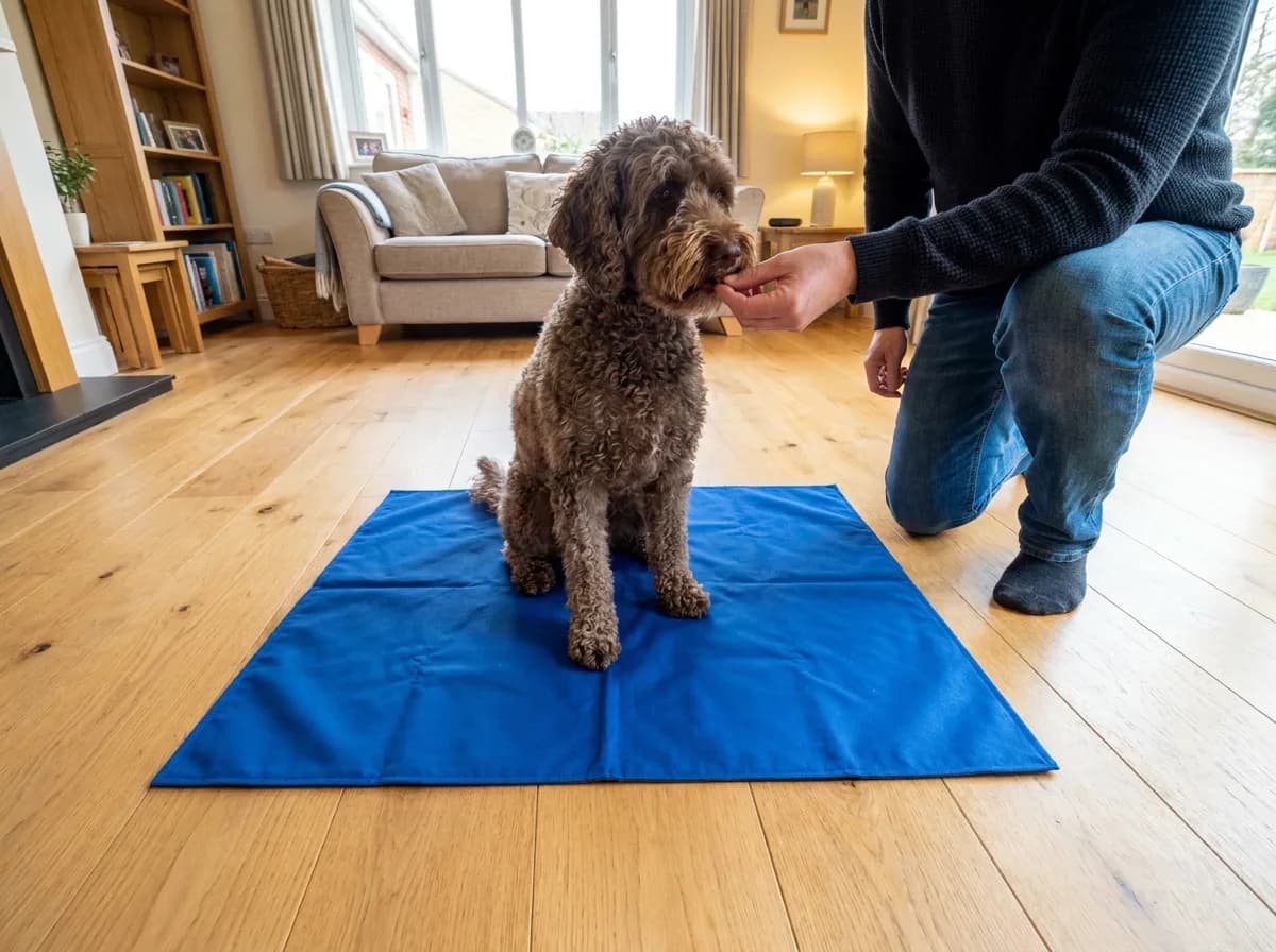 Brown curly-coated dog sitting on a blue mat while an adult offers a reward.