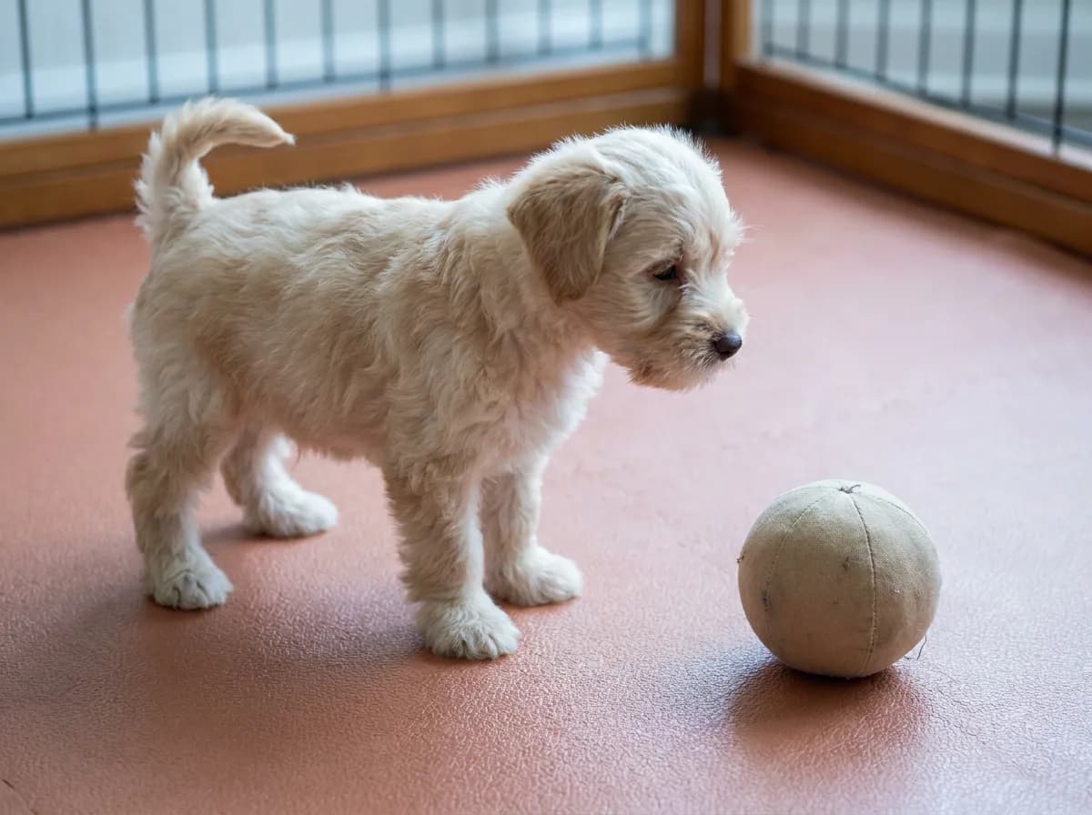 Cream puppy with floppy ears standing on a terracotta mat beside a fabric ball.
