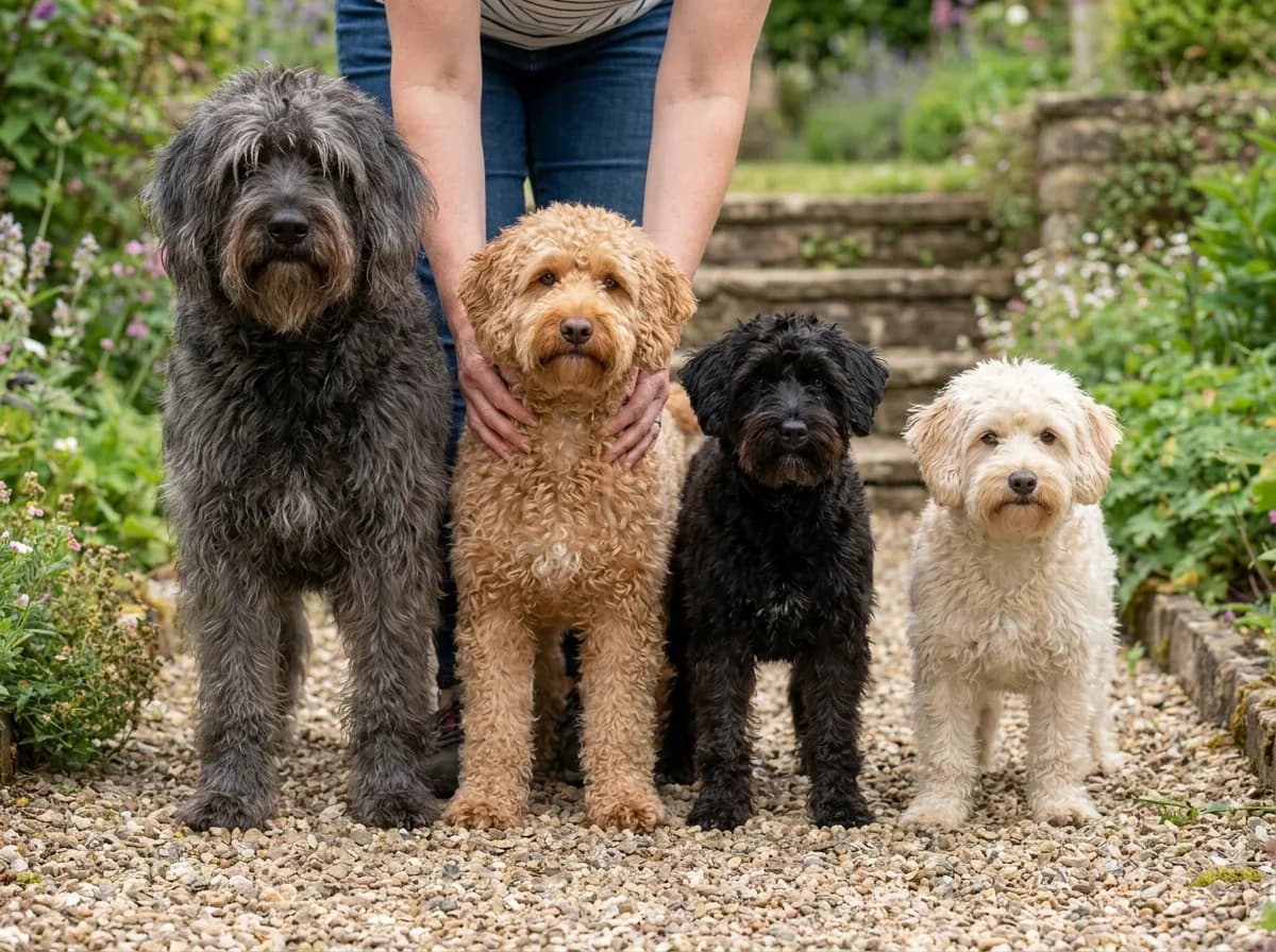 Four adult dogs of different sizes and coat colors standing together in a garden.