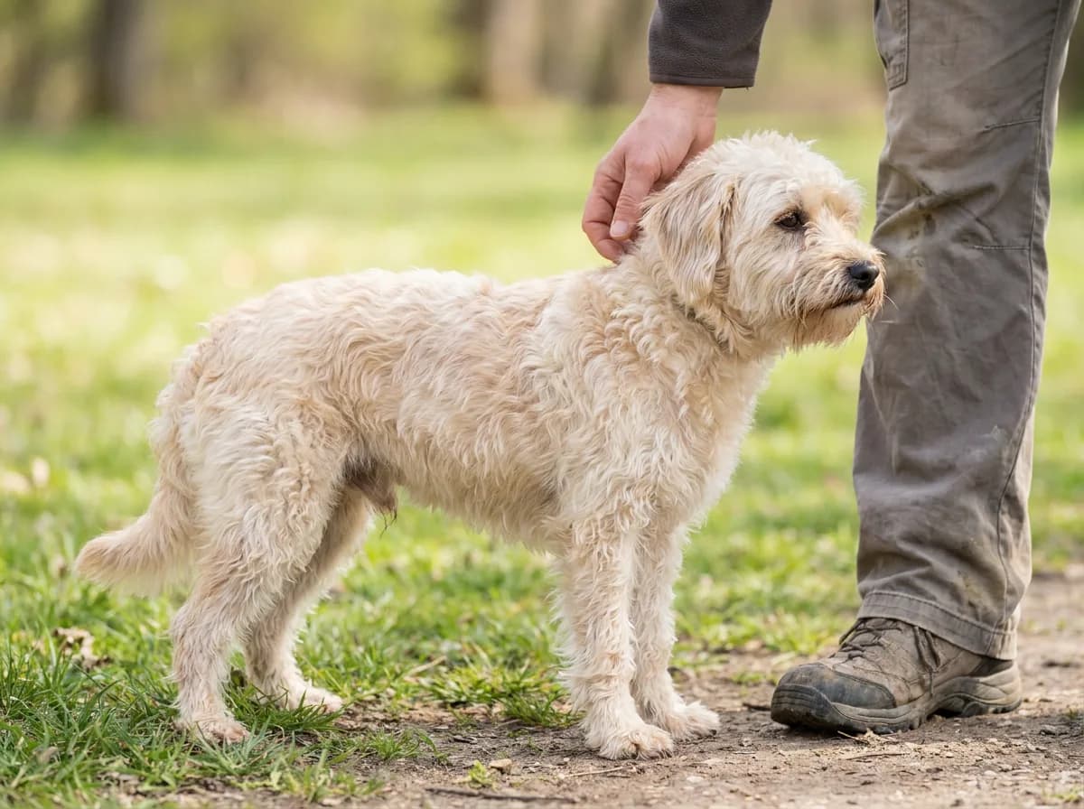 Small cream adult dog standing beside a person on grass.