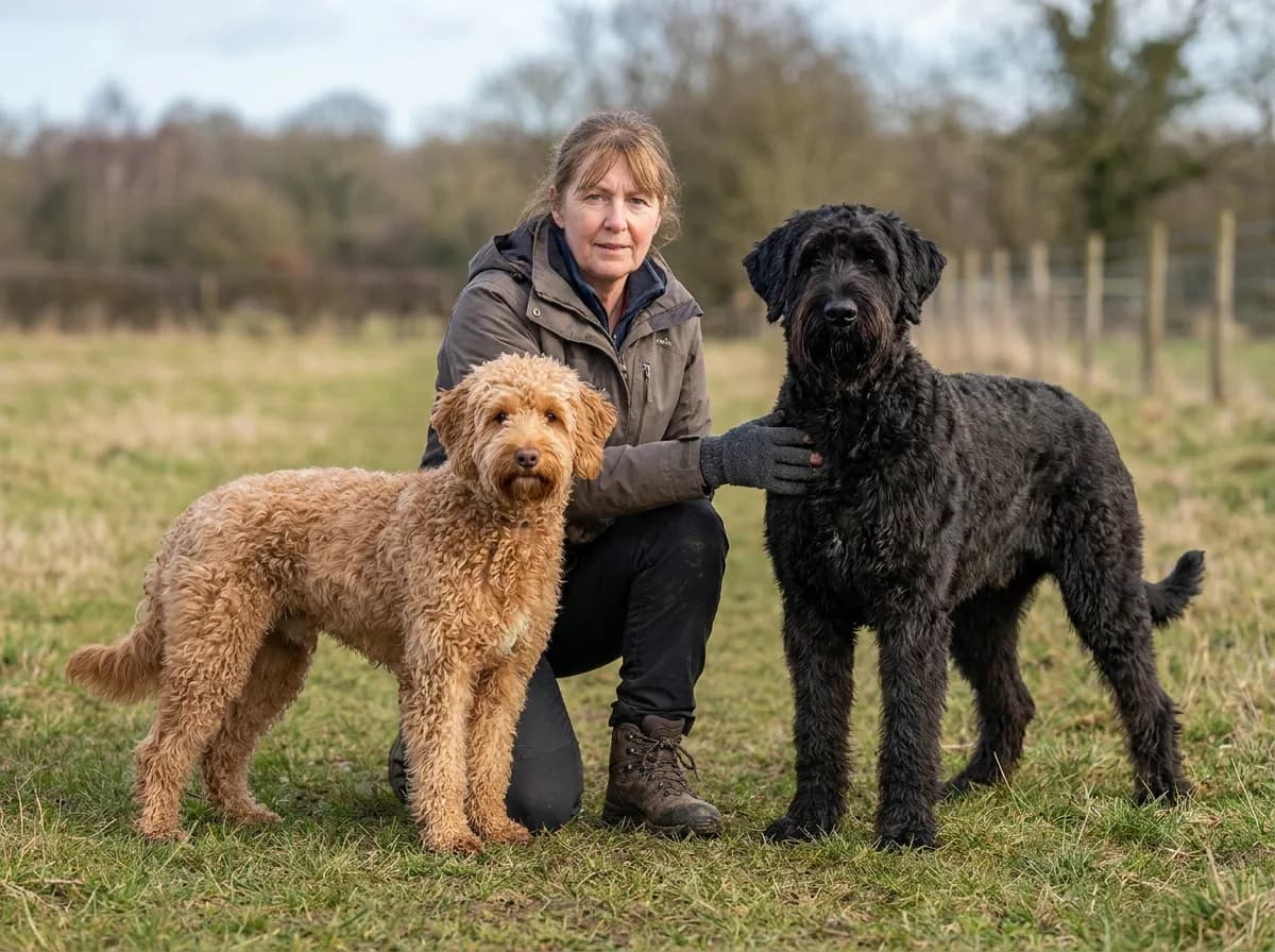 Apricot medium dog and a larger black dog standing beside an adult in a field.
