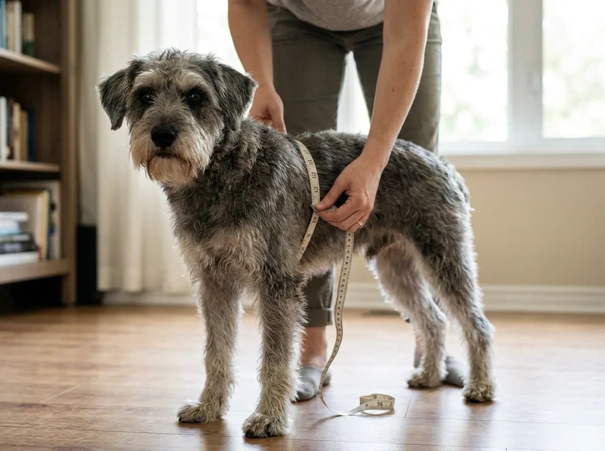 Person holding a measuring tape around a standing gray dog’s chest.