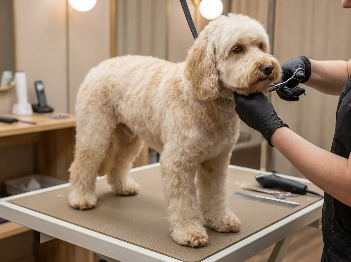 Cream dog with an even rounded trim standing on a groomer’s table.