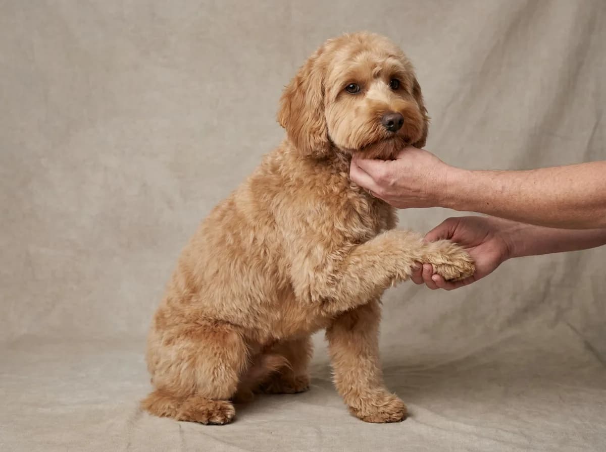 Apricot dog with a rounded face trim sitting while a person supports one front paw.