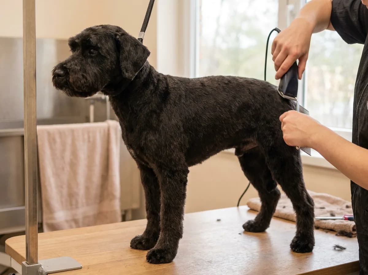 Black dog receiving a short body trim with electric clippers on a grooming table.