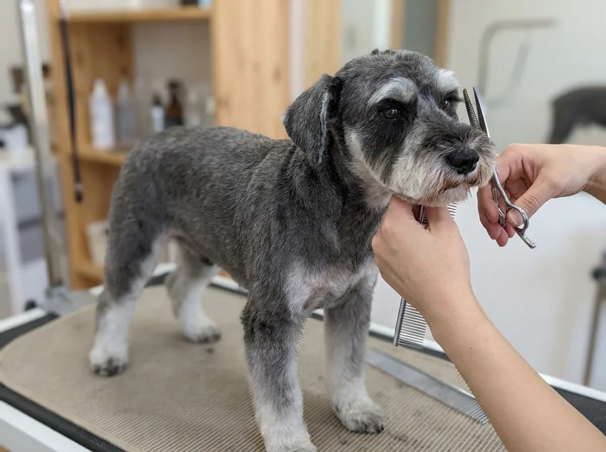 Gray dog with a short body coat and longer beard receiving a face trim.