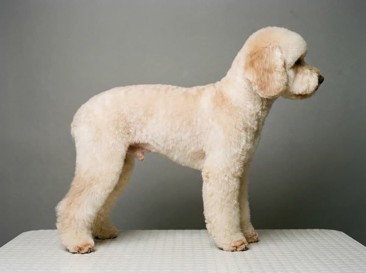 Cream dog in a lamb trim with a shorter torso and fuller leg hair, standing side on.