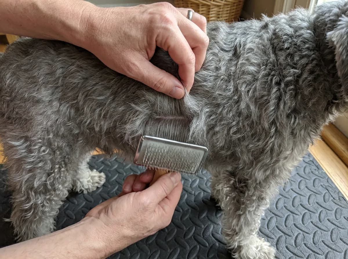 Hands lifting a line of gray coat while holding a slicker brush beneath the parted hair.