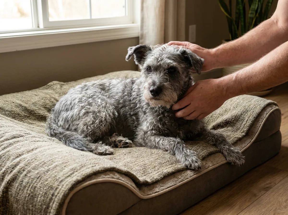 Older gray dog resting on a cushioned bed while a person strokes its head.