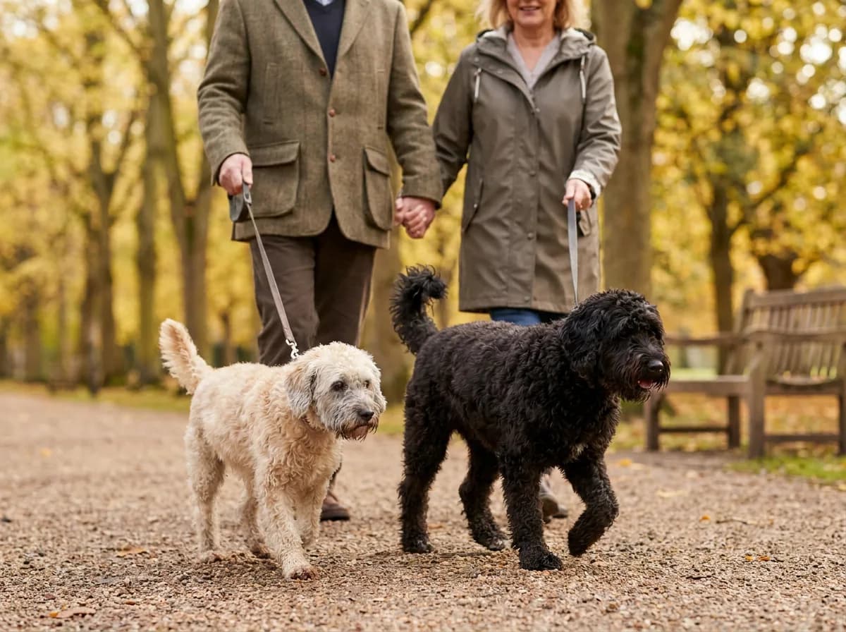 Cream and black dogs walking on leads with two adults along a tree-lined path.