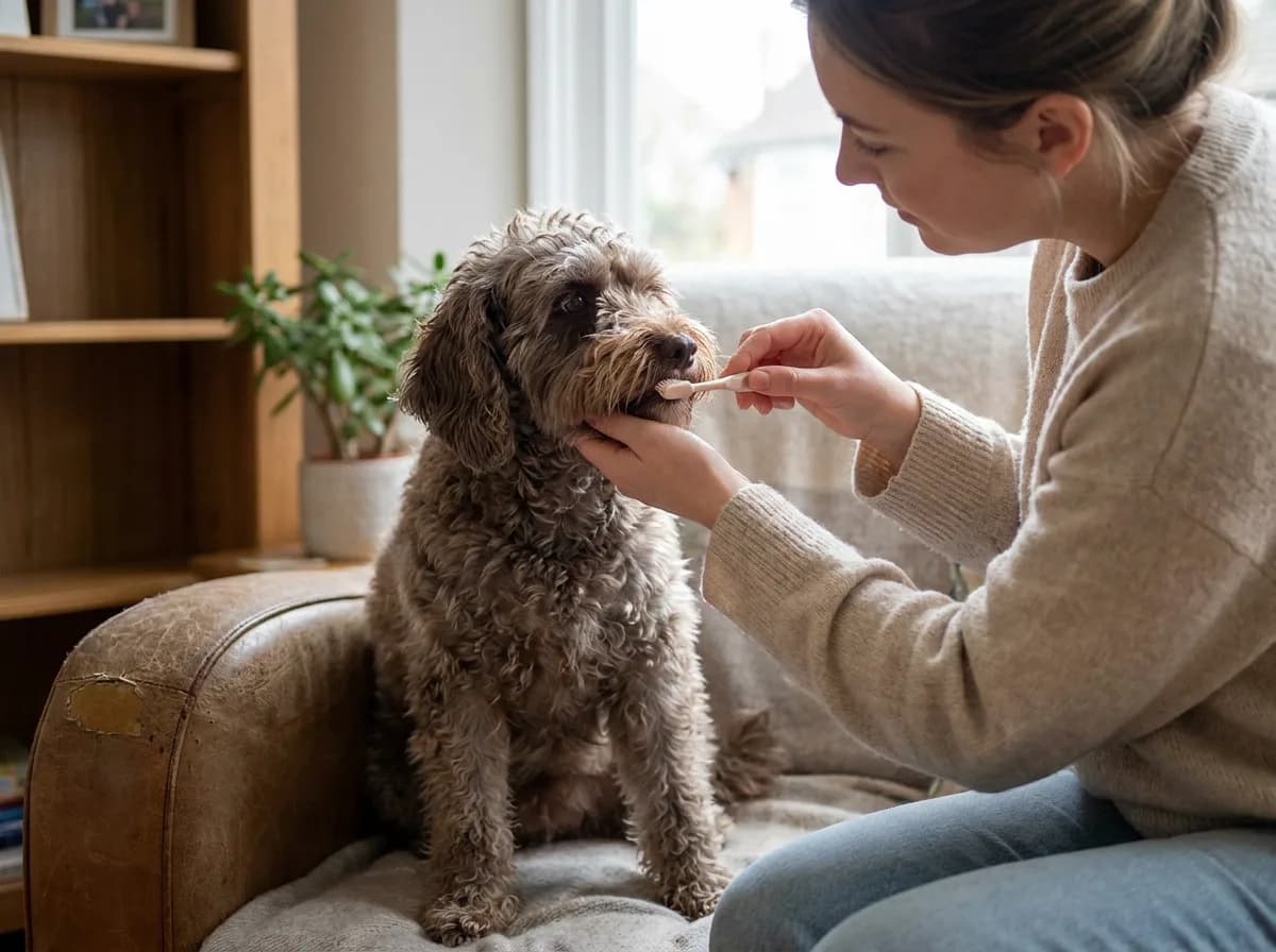 Woman gently brushing a small gray dog’s teeth while it sits beside her.
