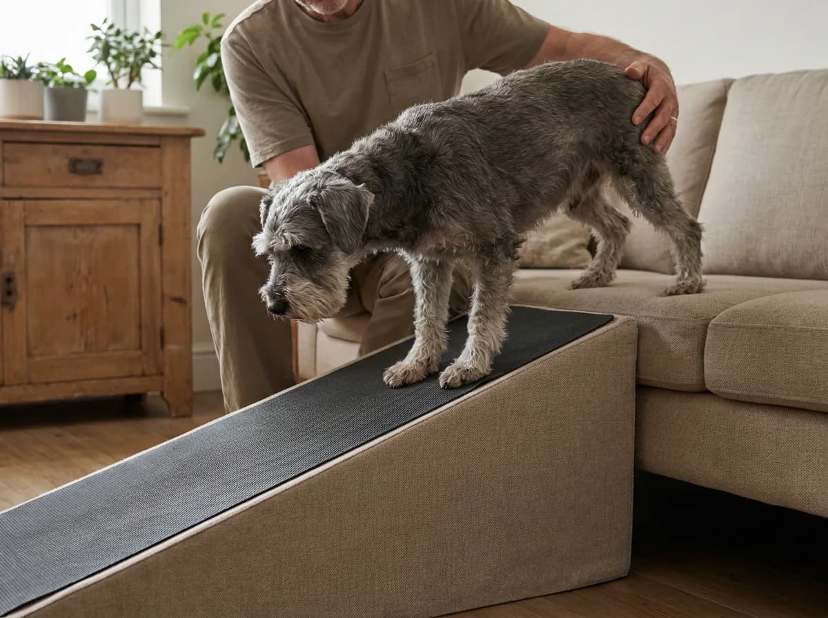 Gray dog stepping down a broad indoor ramp from a sofa with an adult nearby.
