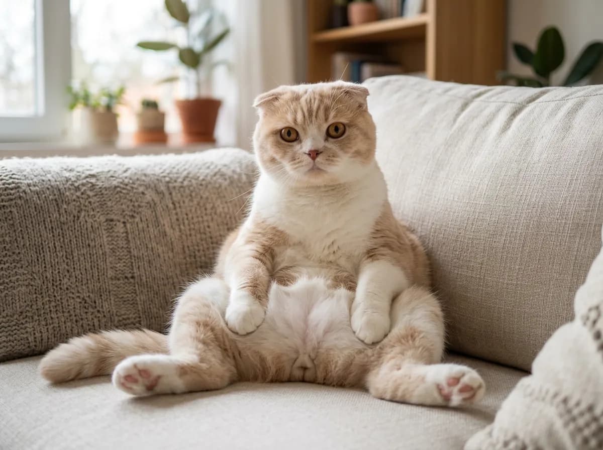 Cream and white Scottish Fold cat sitting upright in the famous Buddha sit pose with paws resting on its belly