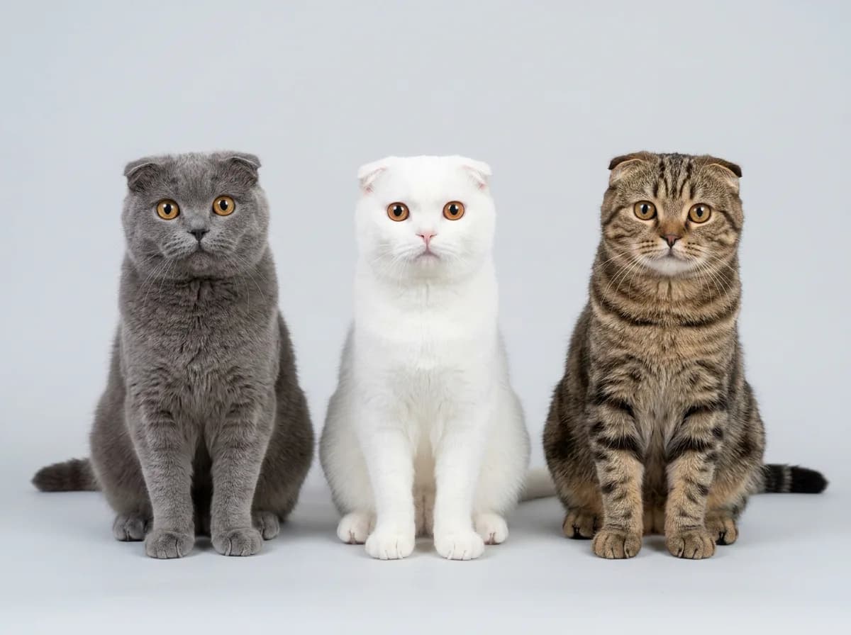 Three Scottish Fold cats in blue-gray, white, and brown tabby coats sitting side by side, all with folded ears
