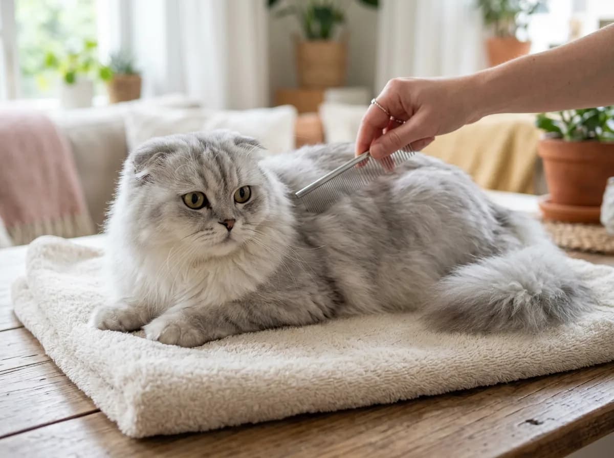 Hand drawing a comb through the plush silver coat of a long-haired Highland Fold, the longhaired Scottish Fold variety