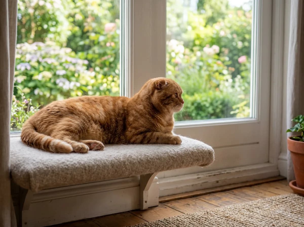 Ginger Scottish Fold cat resting on a low cushioned window perch indoors, gazing out at a garden