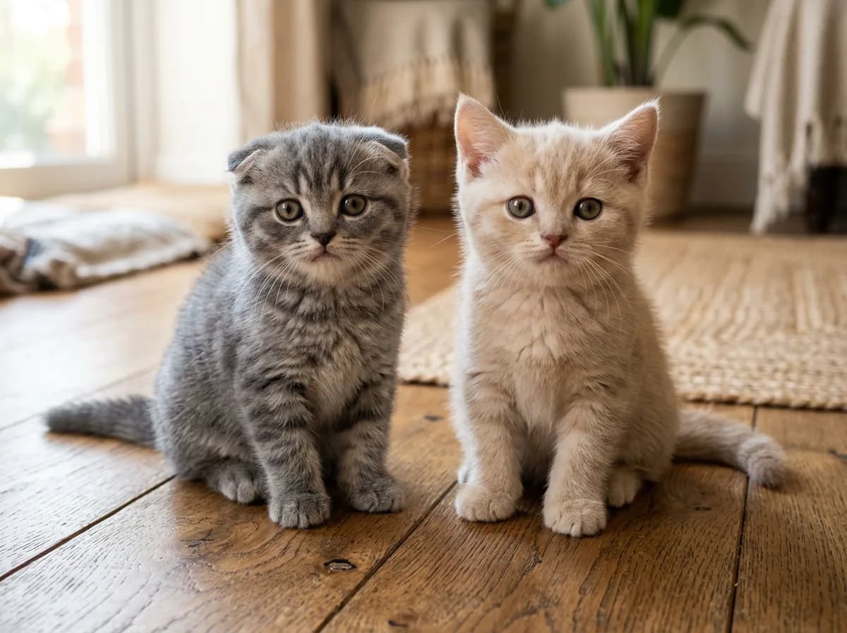 Scottish Fold kitten with ears beginning to fold sitting beside a straight-eared cream Scottish Straight littermate on a wooden floor