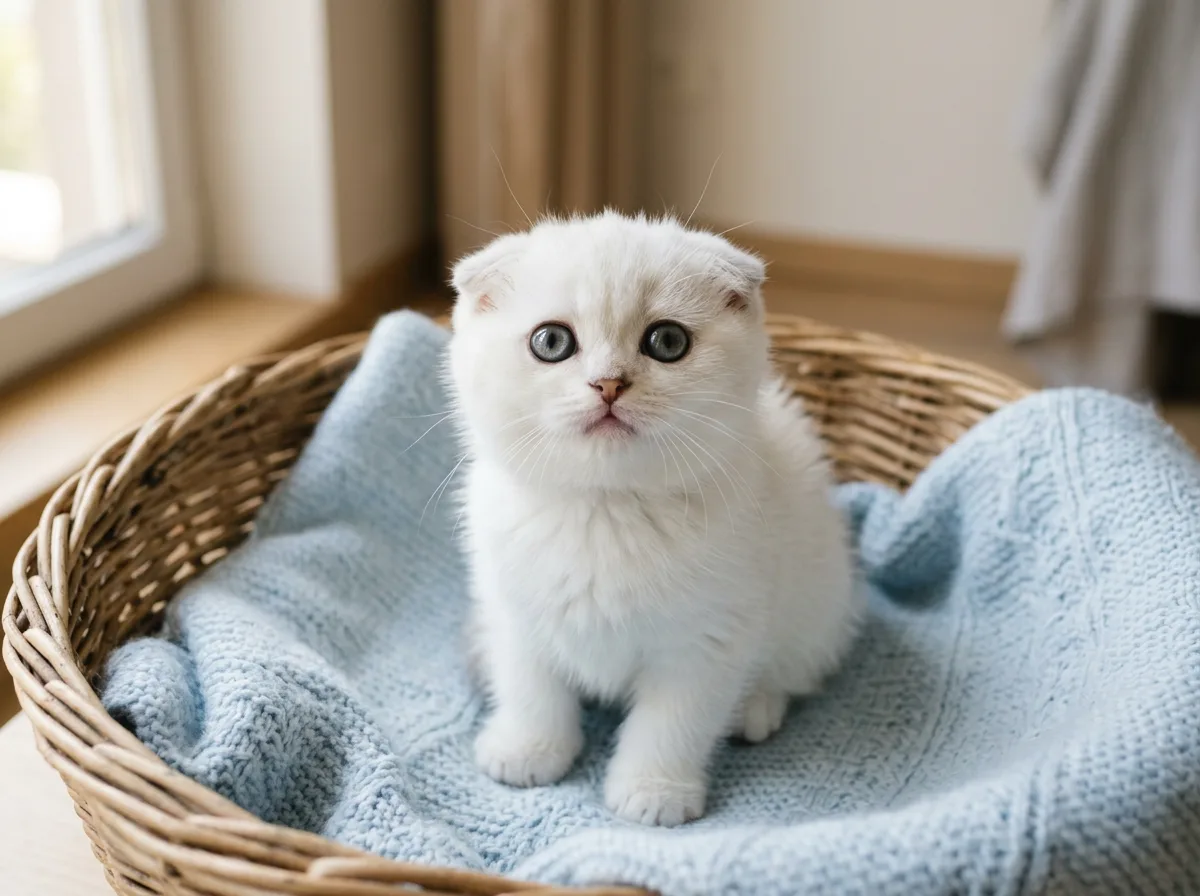 White Scottish Fold kitten with folded ears sitting in a blanket-lined wicker basket, an adoption or breeder setting