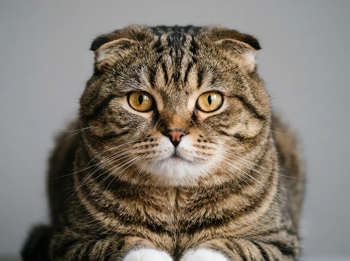 Head-on portrait of a brown tabby Scottish Fold cat with a round owl-like face, full cheeks, large round eyes, and small folded ears