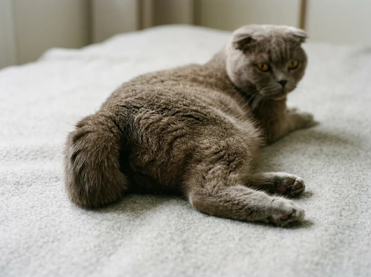 Scottish Fold cat resting on its side with hindquarters and thick tail toward the camera, the joints affected by osteochondrodysplasia