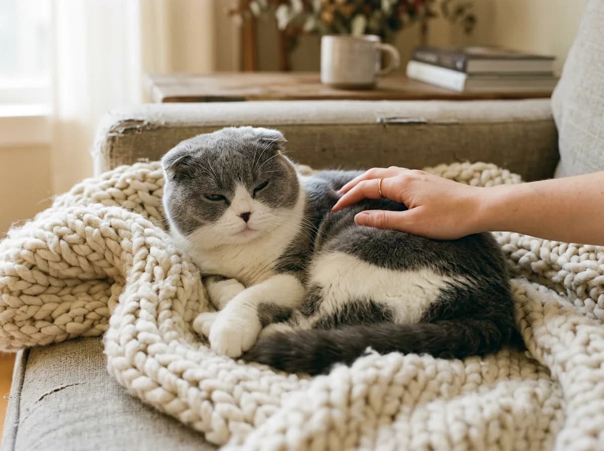 Blue and white Scottish Fold cat curled contentedly on a knitted throw while a hand gently strokes its back