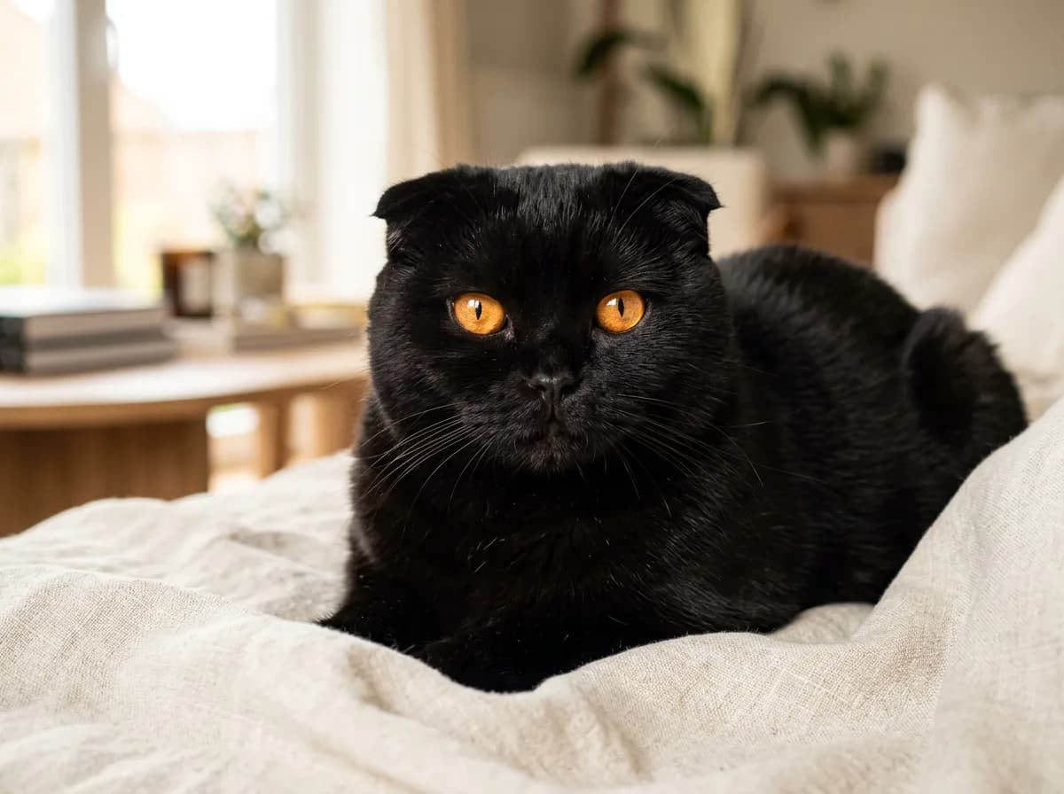 Solid black Scottish Fold cat with folded ears and bright copper eyes lying on a light linen throw