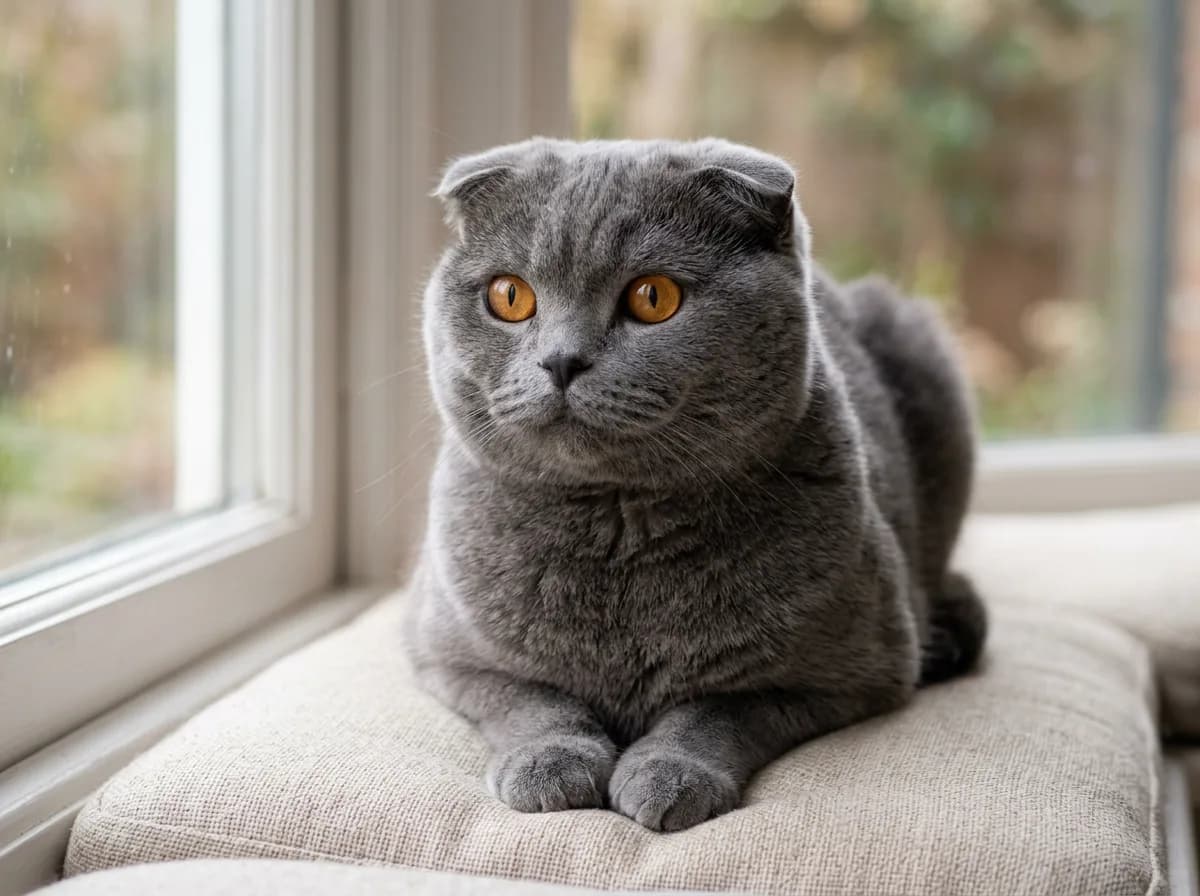 Solid blue-gray Scottish Fold cat with tightly folded ears and deep copper eyes resting on a window seat cushion