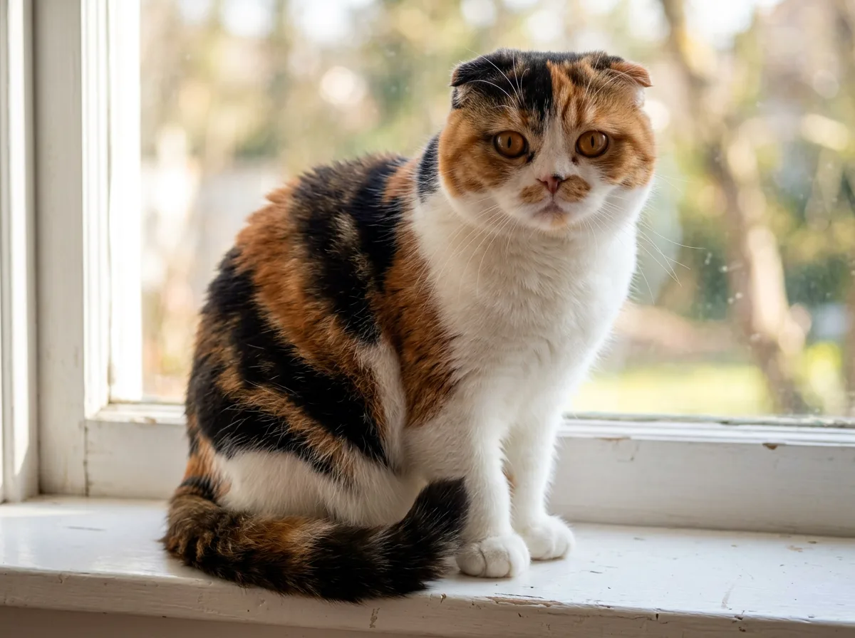Calico Scottish Fold cat with white, black, and orange patches and folded ears sitting on a sunny windowsill
