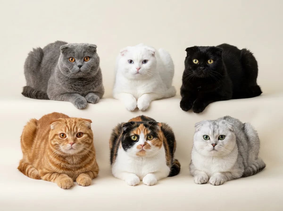 Six Scottish Fold cats in two rows showing blue, white, black, red tabby, calico, and silver shaded coats, all with folded ears