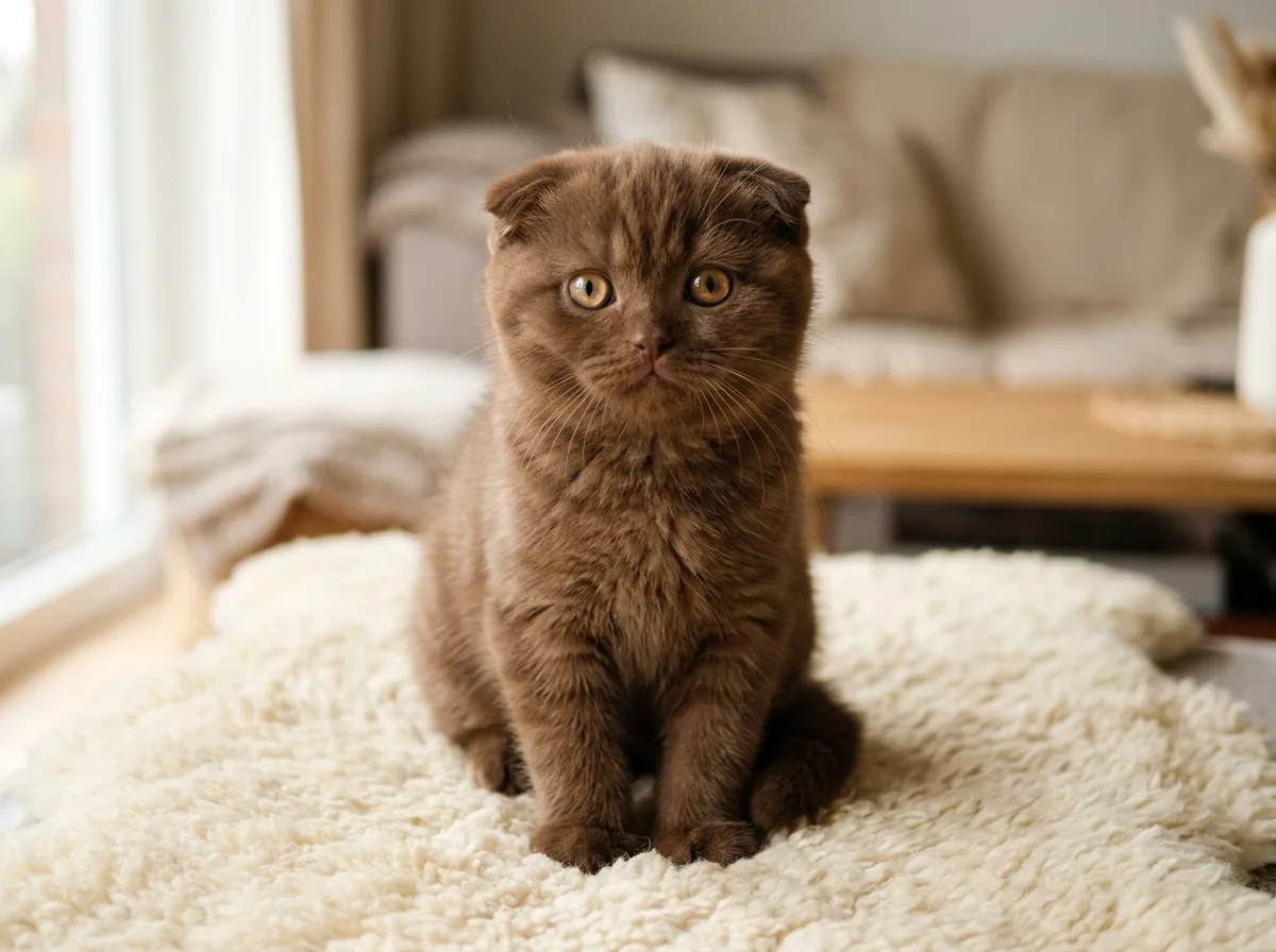 Chocolate brown Scottish Fold kitten with folded ears and round gold eyes sitting on a cream sheepskin rug