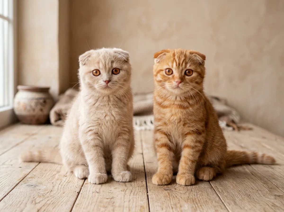 Cream Scottish Fold kitten and red ginger tabby Scottish Fold kitten sitting side by side with folded ears