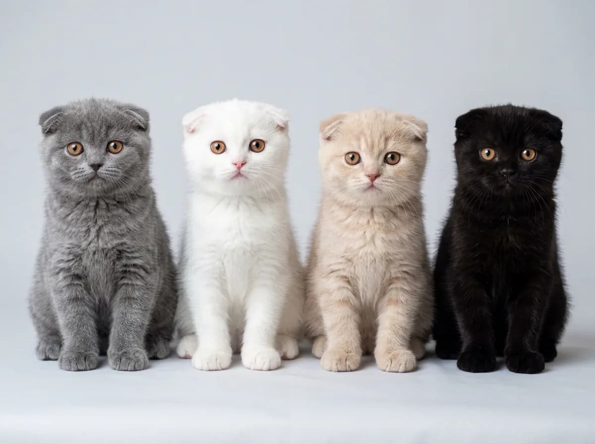 Four Scottish Fold kittens in blue-gray, white, cream, and black coats sitting in a row with folded ears and round copper eyes