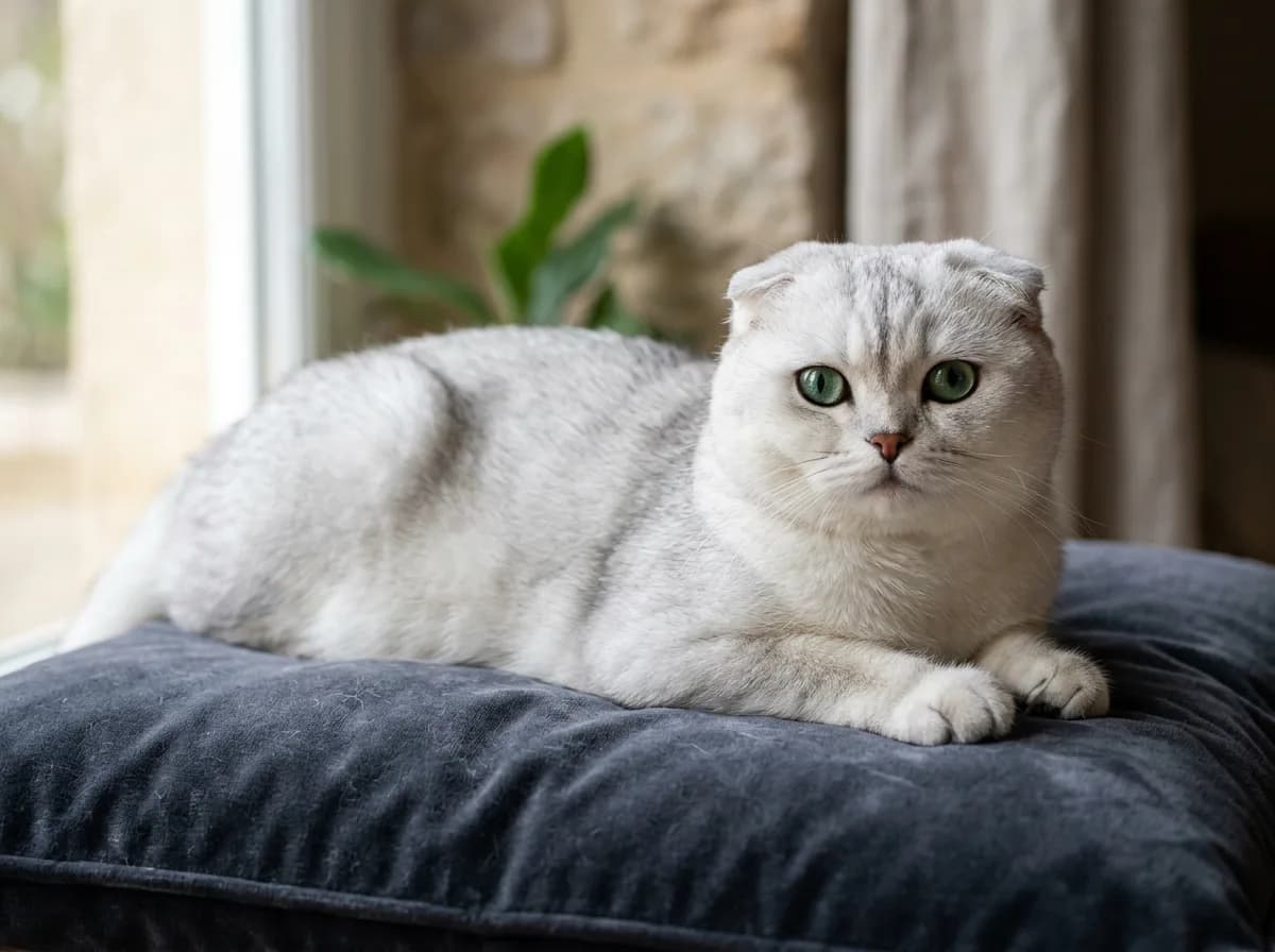 Silver shaded Scottish Fold cat with green eyes and a black-tipped white coat reclining on a dark velvet cushion