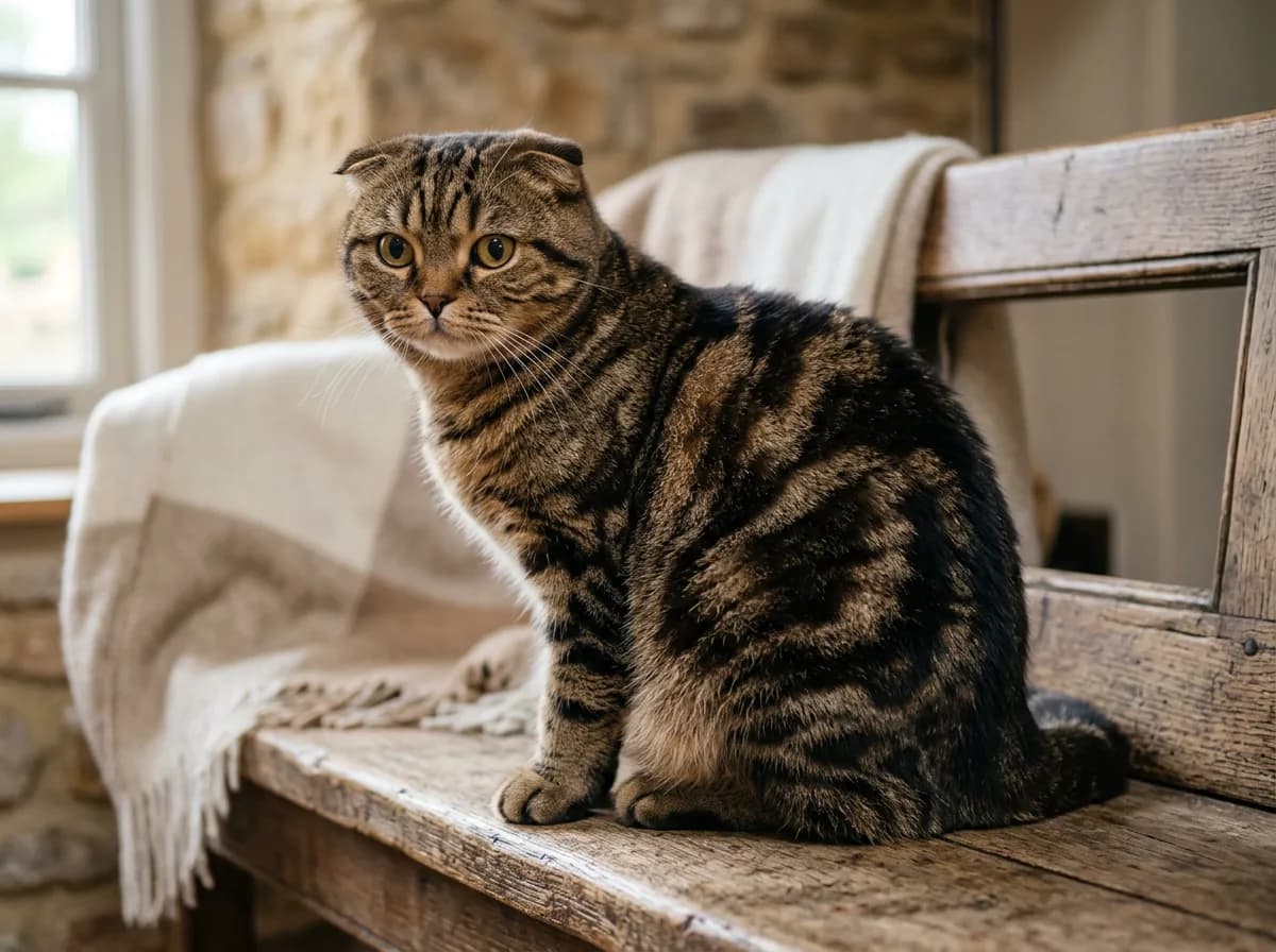 Brown classic tabby Scottish Fold cat with swirled markings and folded ears sitting on a rustic wooden bench