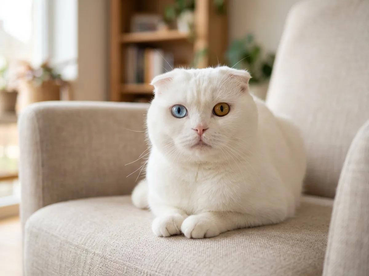 Pure white Scottish Fold cat with odd eyes, one blue and one gold, resting on a beige armchair