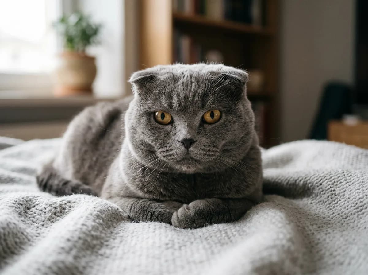 Gray Scottish Fold cat lying on a soft blanket with folded ears and a rounded face, looking calm and slightly tired