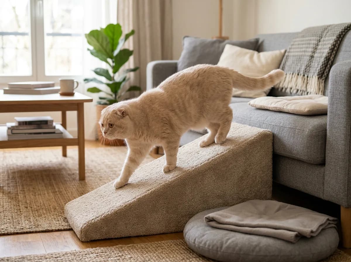 Cream Scottish Fold cat walking down a low carpeted pet ramp from a gray sofa in a joint-friendly home setup