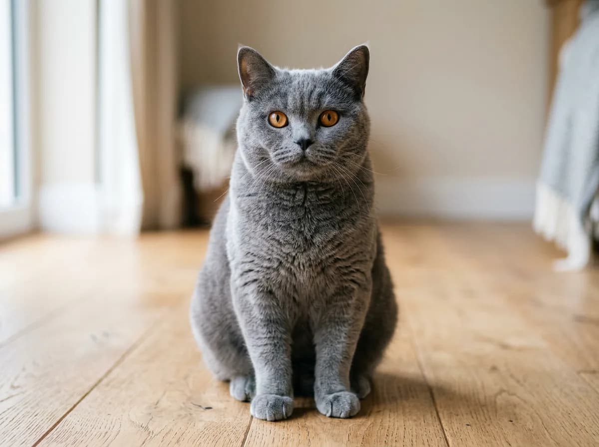 Blue-gray British Shorthair with upright ears sitting on a wooden floor, the healthier look-alike alternative to a Scottish Fold