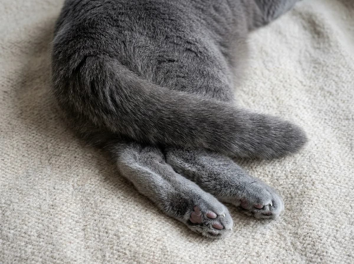 Close-up of a Scottish Fold cat's short thick tail lying stiff across its hind paws, a sign of osteochondrodysplasia joint disease