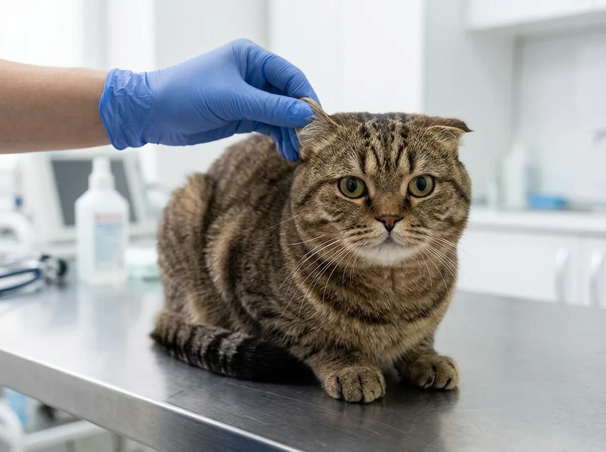 Gloved hand gently lifting the folded ear of a tabby Scottish Fold cat for an ear check on a vet exam table