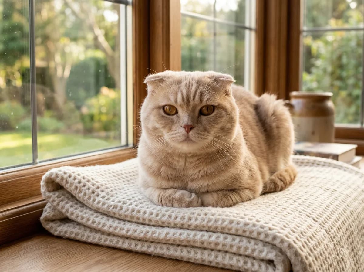 Cream tabby Scottish Fold cat with folded ears resting on a folded blanket in warm window light, calm and content